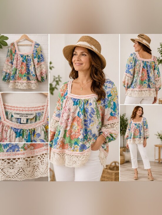 Christian Siriano Tops - Christian Siriano Multicolor Garden Floral Lace-Trim Peasant Blouse L